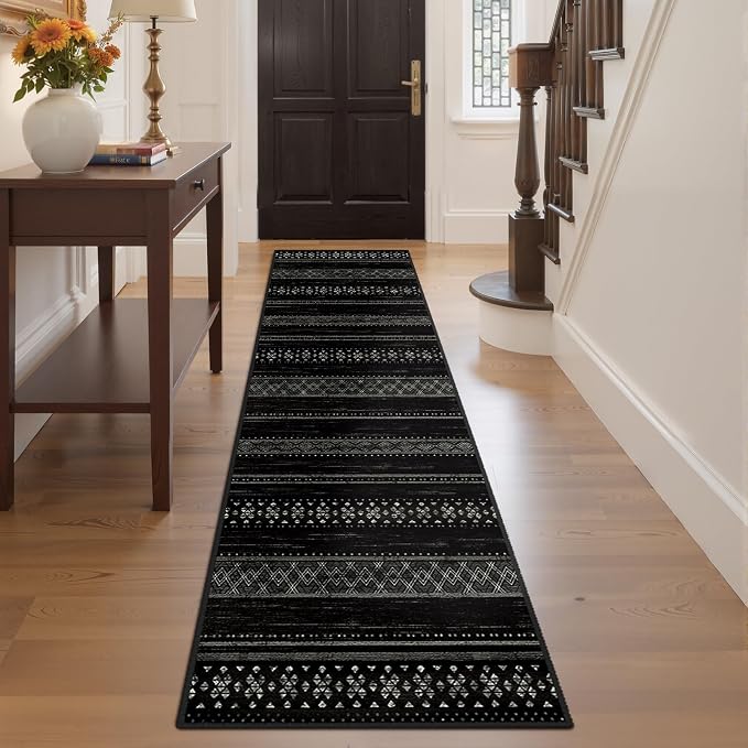 BESTSWEETIE 2x10 Area Rugs for Living Room Washable Moroccan Farmhouse Neutral Geometric Low Pile Non-Slip Soft Print Pattern Rug for Bedroom Kitchen Dining Room Entryway Black/White