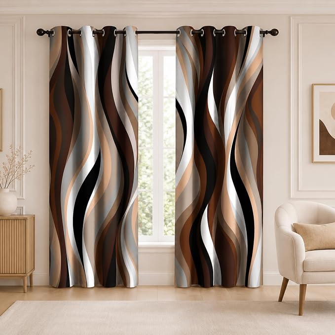 Brown Abstract Blackout Curtain, Stripe Black White Gray Aesthetic Art Window Curtains Living Room Bedroom Decor Darkening Window Drapes Treatments, 2 Panels 52x96 Inch