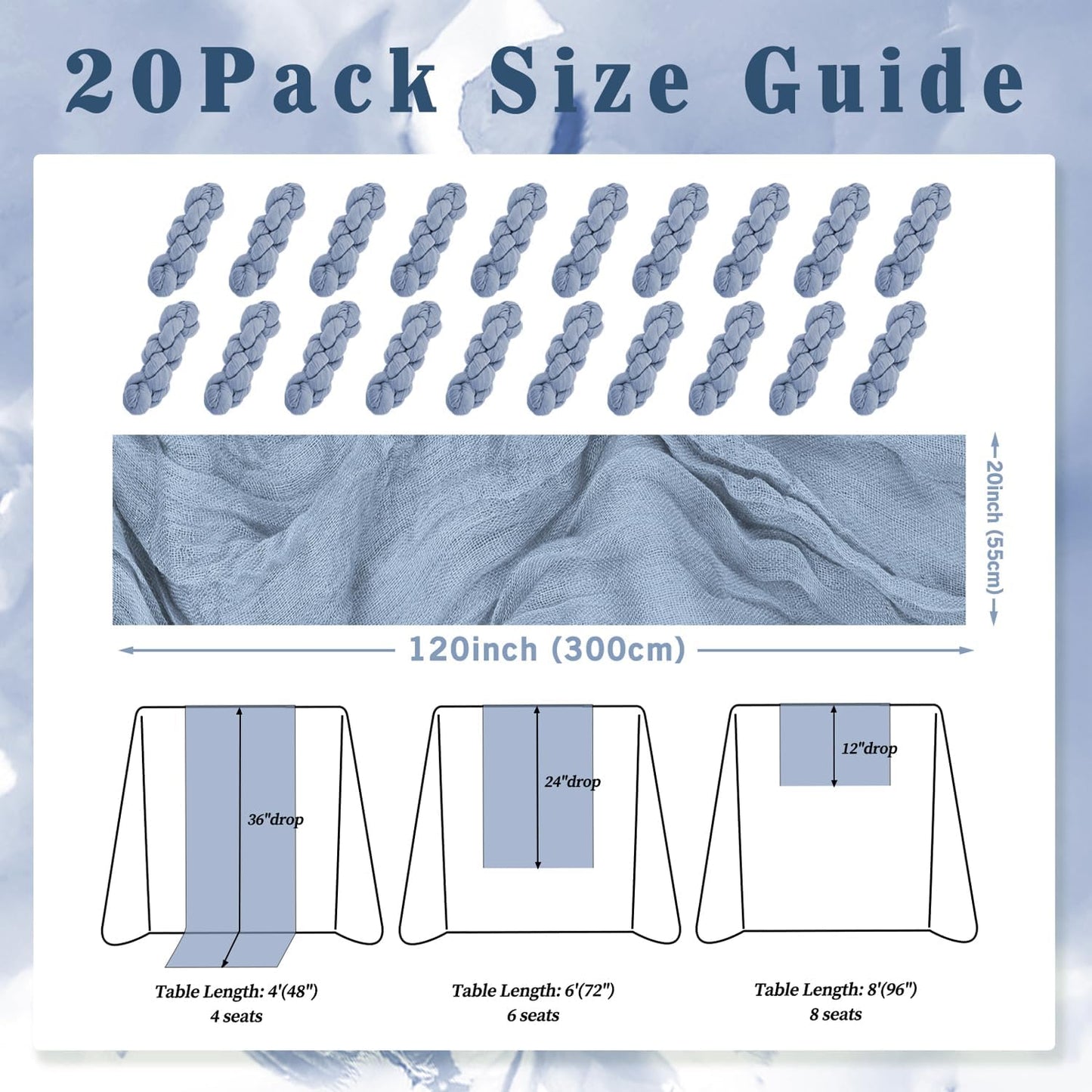 20 Pack Dusty Blue 10FT Cheesecloth Table Runner Rustic Gauze Fabric Cheese Cloth Table Runner for Wedding Bridal Baby Shower Table Decor 20 x 120 Inch Long Boho Sheer Birthday Party Table Decorations