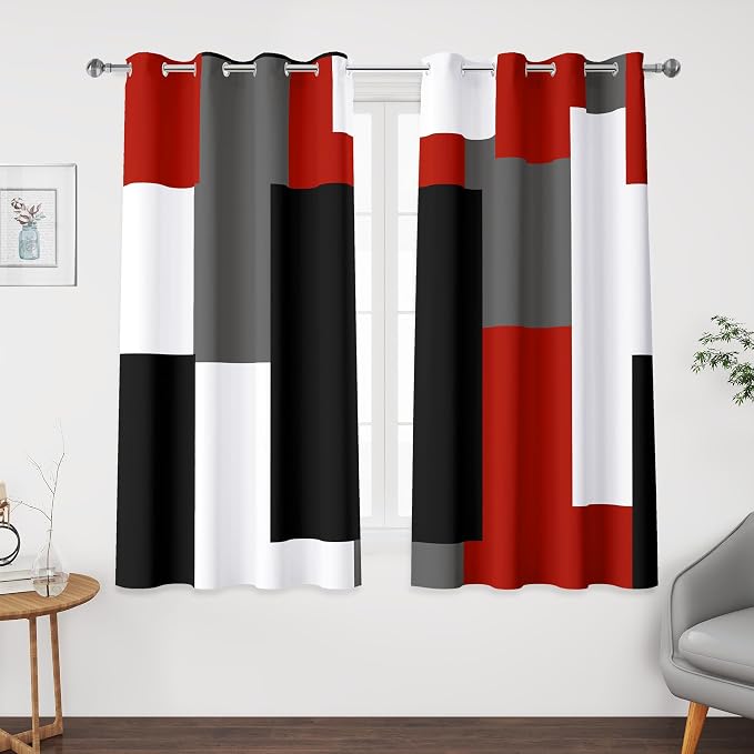 Tyrot Red Black 100% Blackout Curtains 45 inch Length 2 Panels Set White Grey Modern Abstract Geometric Drapes for Kitchen Black Out Curtains Insulated Room Darkening Small Window Curtains, 52Wx45L