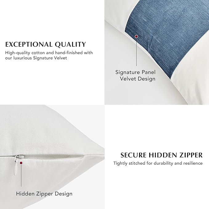 EVERGRACE x Kinsey Walsh Signature Velvet Panel Cotton Pillow Covers Set of 2, Decorative Pillow Covers 20"x20" for Couch, Square Cushion Cases for Sofa Bedroom Living Room, Blue Topaz