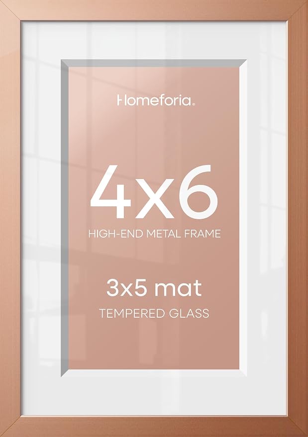 Homeforia Rose Gold 4x6 Picture Frame, High End Metal 4 x 6 Frames with Mat 3 x 5 for Print, 4by6 Desk Frame Matted to 3x5 inch Photo, 4 by 6 Wall or Tabletop Frame, Tempered Glass, Wall Kit, Set of 2