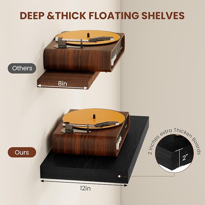 Vivelove 2 inch Thick Floating Shelves for Wall 48 Inches Long, 12" Deep Wall Shelves, for Bedroom, Bathroom, Living Room, Kitchen, Office, Modern Home Decor, 48" X 12" X 2", Set of 2, Black