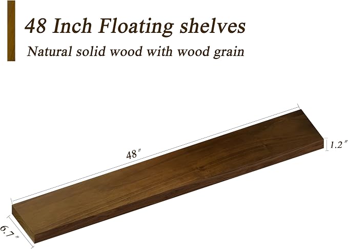ROGMARS 48Inches Long Walnut Floating Shelves,Rustic Solid Wood Farmhouse Wall Shelves with Invisible Brackets for Bathroom, Living Room, Bedroom, Kitchen Set of 3