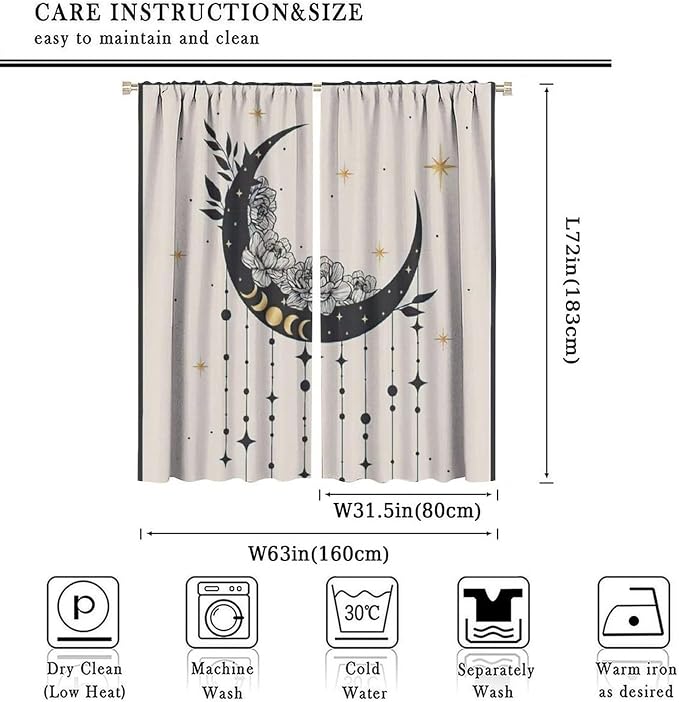 Witchy Curtains, Moody Curtains for Bedroom, Goth Curtains, Moth Curtains Moon Curtains for Bedroom Living Room W63xL72 Inch