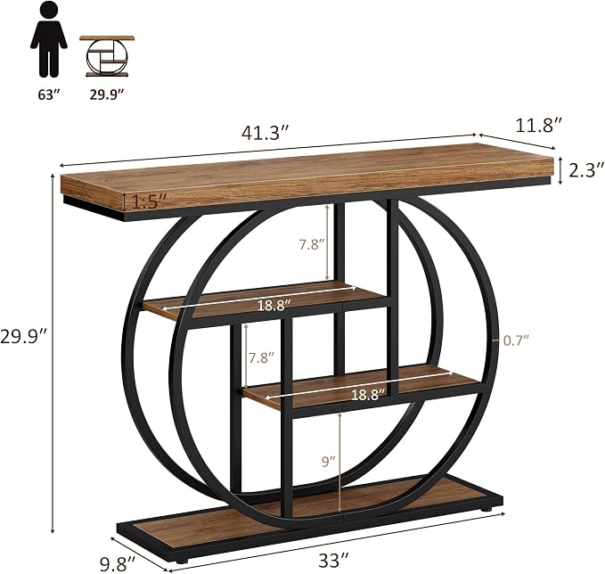 41.3" Console Table, Modern Sofa Table with Circle Base, 4-Tier Narrow Entryway Table for Hallway, Slim Industrial Accent Table with Storage Shelves for Living Room, Rustic Brown