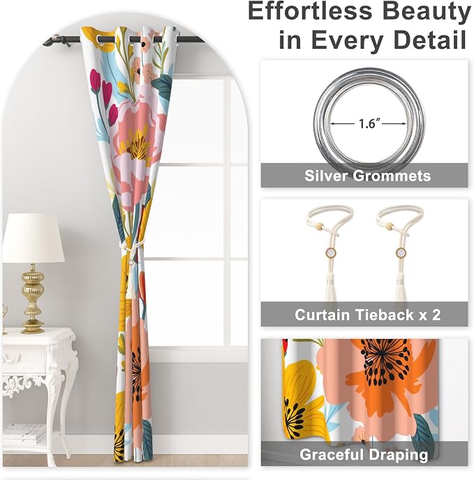 Boho Patterned Blackout Curtains for Bedroom, Bohemian Floral Living Room Darkening Curtains 84 Inch Length 2 Panels Set, Grommet Thermal Insulated Soundproof Window Drapes with Curtain Tiebacks