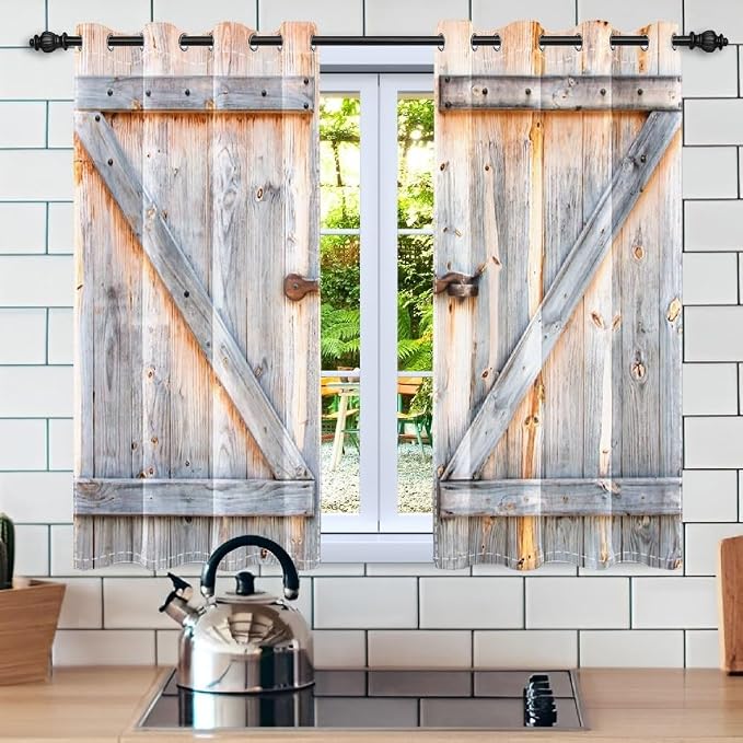 Closed Wooden Door Window Curtains Rustic Vintage Barn Door Kitchen Curtains Countryside Farmhouse Old Wood Planks Light Blocking Bedroom Drapery Treatments with Grommets,21x63 inch,2 Panels