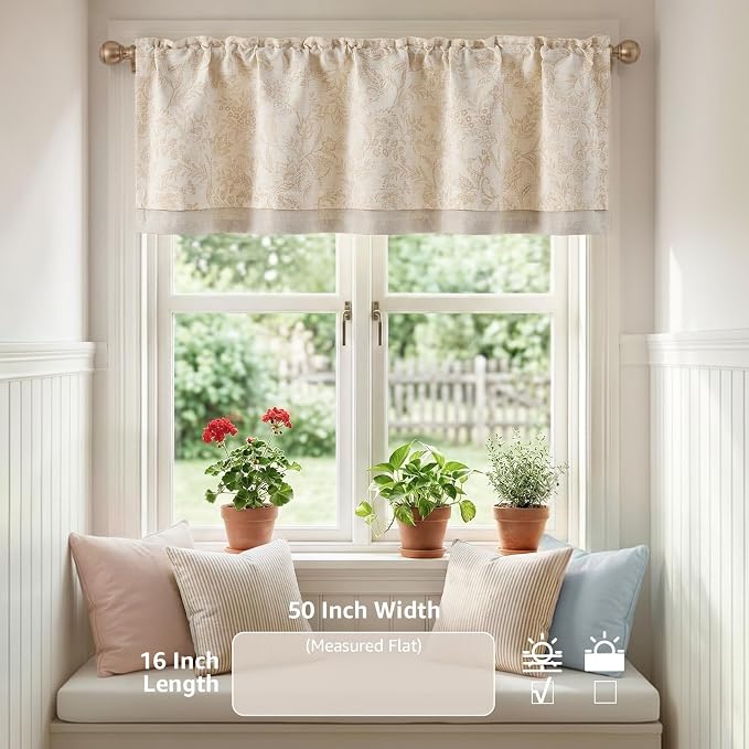 jinchan Linen Valance Curtain Farmhouse Floral Printed Small Window Curtain for Kitchen Rustic Light Filtering Valance for Living Room Bedroom Bathroom 16 Inch Rod Pocket 1 Panel Taupe on Beige