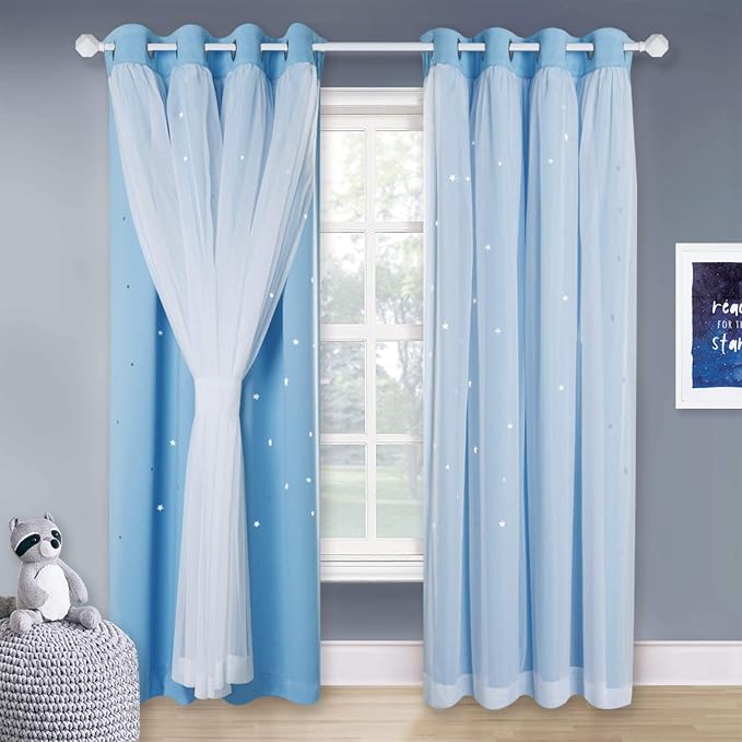 NICETOWN Kids Boys Blackout Curtains, Double-Deck Sheer Panel & Star Drapes for Living Room, Window Treatments with Tie Backs (Blue, 1 Pair, W52 x L95)