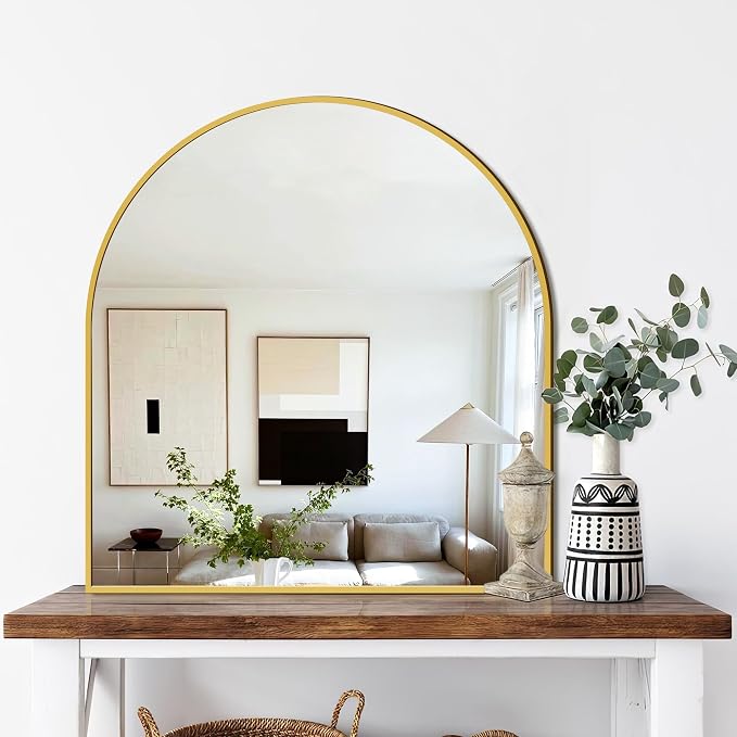 FICTOR Bathroom Mirror for Wall, Arched Vanity Bathroom Mirror for Over Sink, Metal Framed with HD Shatter-Proof Glass for Entryway, Living Room,Bedroom(30” x 32”, Gold)
