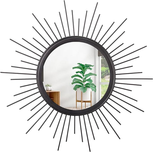 Large Sunburst Wall Mirror Boho Home Decor Round Wall Art Mirror Modern Metal Hanging Mirror Bathroom Bedroom Hallway Balcony Vanity Living Room Entryway Black 20"