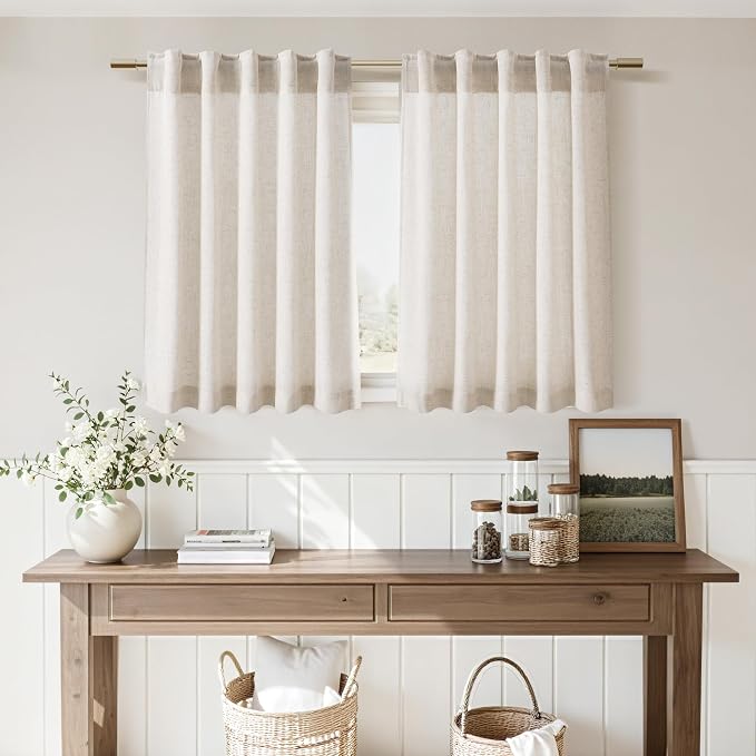 Nanspring 30 Inch Beige Curtains for Kitchen Linen Blend Rustic Farmhouse Short Curtain Back Tab and Rod Pocket Semi Sheer Curtains for Cafe Bathroom Small Window 26 x 30 Inch, 2 Panels