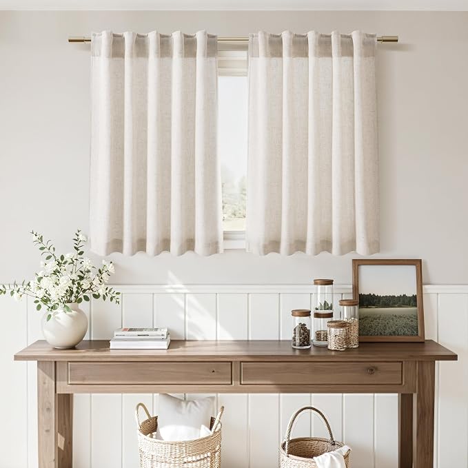 Nanspring Beige Linen Curtains for Kitchen Windows Over Sink - Cafe Drapes Rustic Farmhouse Semi Sheer Curtains with Back Tab and Rod Pocket Short Curtain for Small Window 36 x 24 Inch,2 Panels