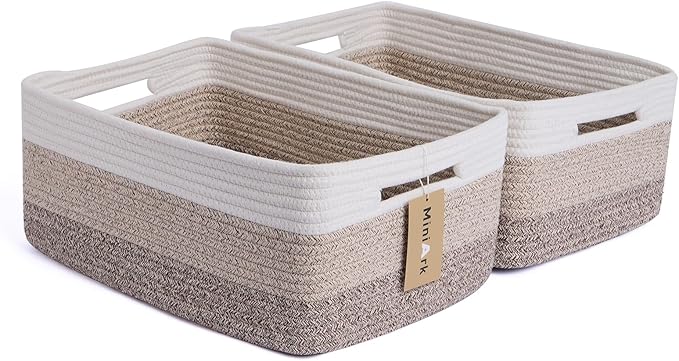 MiniArk Large Storage Baskets for Shelves, Closet Organizers Bins for Clothes Blanket Towels, Baby Nursery, Toy Baskets Box, Woven Rope Baskets, 17 x 13 x 7.5”, 2 Packs Gradient Brown