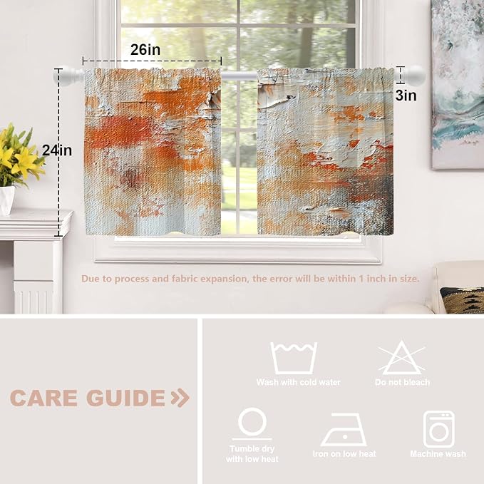 Shrahala Brushstrokes of Paint Blackout Curtain Tiers, Orange Grey Canvas Texture Kitchen Valance Light Blocking Tier Drapes with Rod Pocket, 2 Pack 26 X 24 in