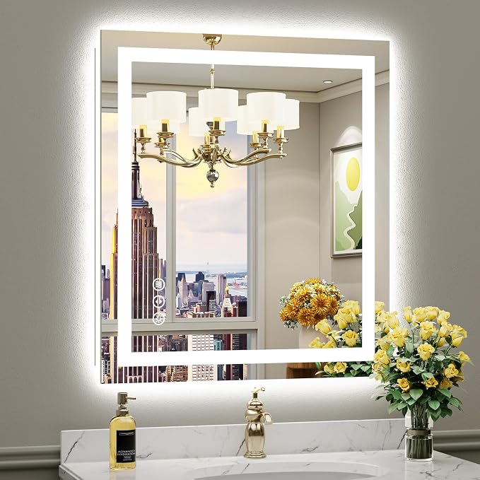 Briivue 28x32 Inch LED Bathroom Mirror with Lights, Backlit & Front Lit, Anti-Fog Lighted Bathroom Vanity Mirror for Wall, Memory Function, Dimmable, HD Tempered Glass, Shatter-Proof