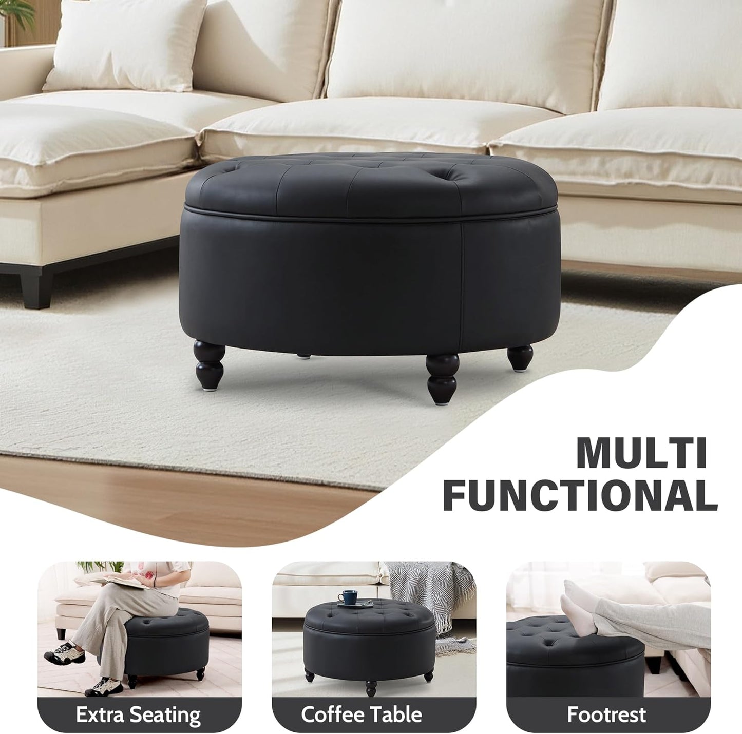 30-Inch Large Round Ottoman, Faux Leather Coffee Table with Removable Lid Top, Upholstered Footrest Modern Button Circle Storage Ottoman for Living Room, Office, PU Black
