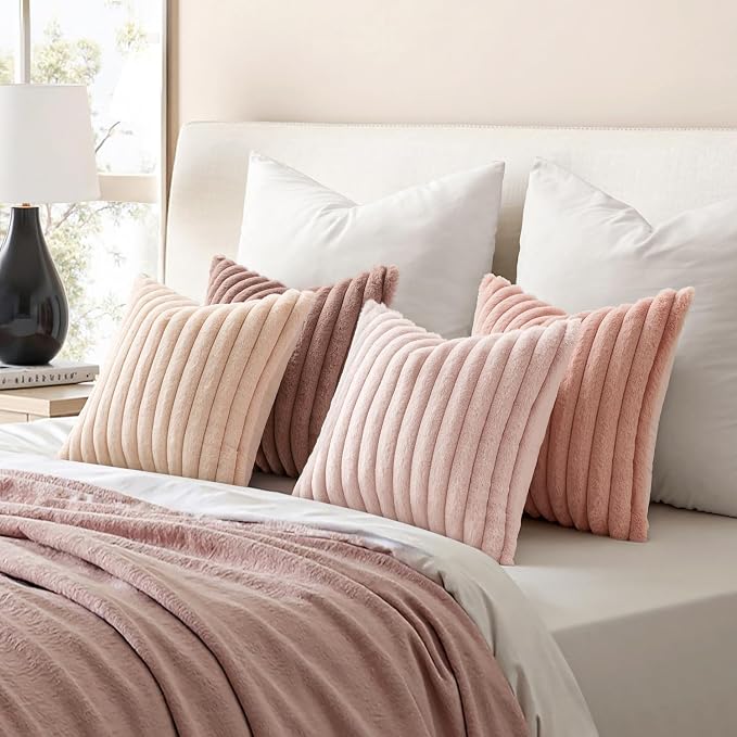 MIULEE Faux Fur Plush Decorative Throw Pillow Covers 16x16 Set of 4, Valentine's Day Cute Modern Soft Romantic Fuzzy Striped Cushion Covers for Sofa Couch Bed Living Room Cozy Home Decor,Pink