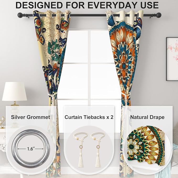 Boho Blackout Curtains for Bedroom and Living Room, Spring Thermal Insulated Darkening Drapes, Mandala Pattern Grommet Soundproof Black Out Curtains 84 Inches Long 2 Panels Set with Curtain Tiebacks