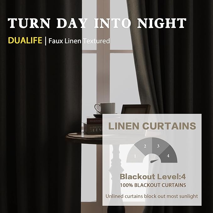 DUALIFE Chocolate Brown Flax Linen Extra Long Curtains 132 Inches Long 11 Ft for High Ceiling Living Room Pleated Back Tab Rod Pocket Hook Belt 2 Story Drapes 52 Wide 2 Panels 50x132 Inch Length