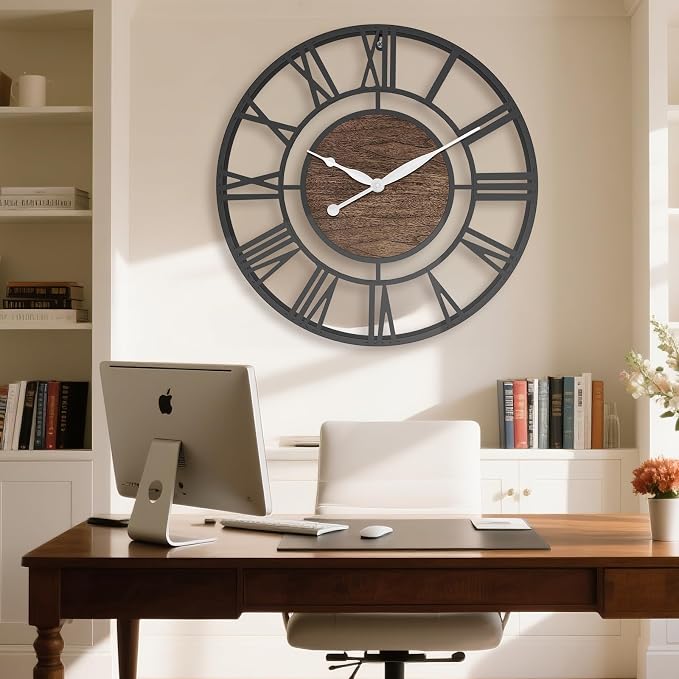 Pytha Sight 30 Inch Extra Large Giant Wall Clock,Oversized Round Silent Vintage Industrial Black Metal Farmhouse Big Roman Numeral Wall Clocks for Living Room,Kitchen,Bedroom Home Decor