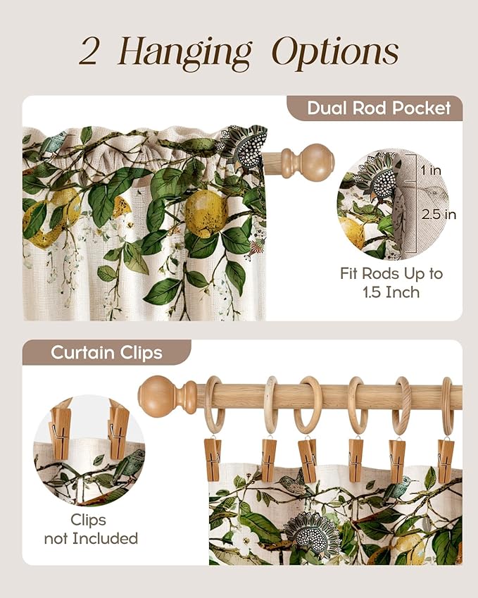 Miss Adola Farmhouse Kitchen Tier Curtains - 45 Inch Length Linen Blend Vintage Cafe Curtains Lemon Bird Small Window Treatments Over Sink Rod Pocket for Bathroom Living Room Light Filtering, 2 Panels