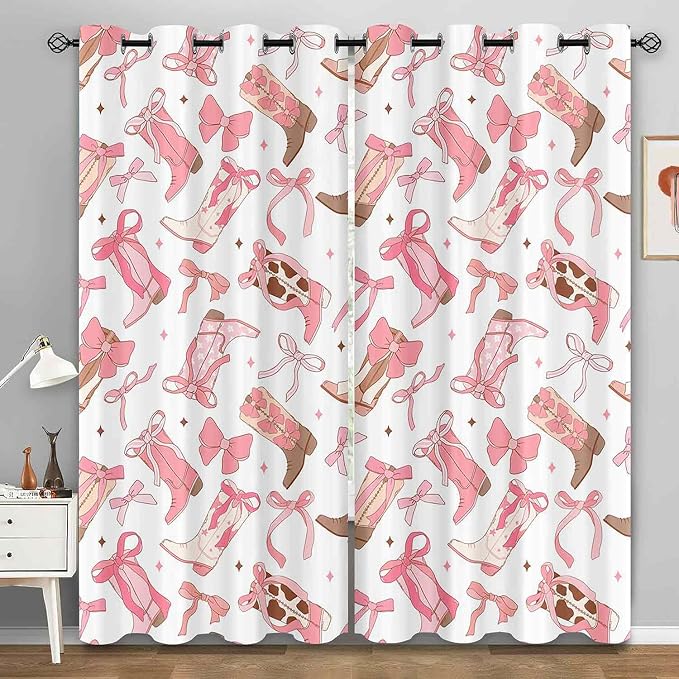 LUVIVIHOME Cowgirl Blackout Curtains, Boots Preppy Coquette Curtains for Girls Bedroom Living Room, Howdy Cute Girly Pink Western Cowgirl Room Decor, Grommet Window Drapes 2 Panel Sets, 52x84 Inch