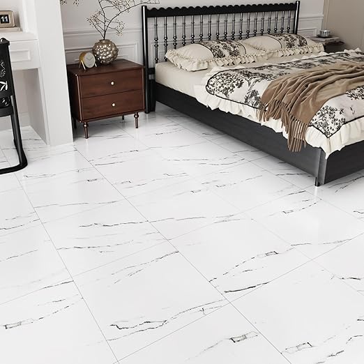 WESTICK White Peel and Stick Floor Tile Bathroom Waterproof Marble Vinyl Floor Tiles Self Adheisve Easy DIY Granite Flooring Tile for Kitchen Bedroom Dining Room 12" x 12" Jazz White