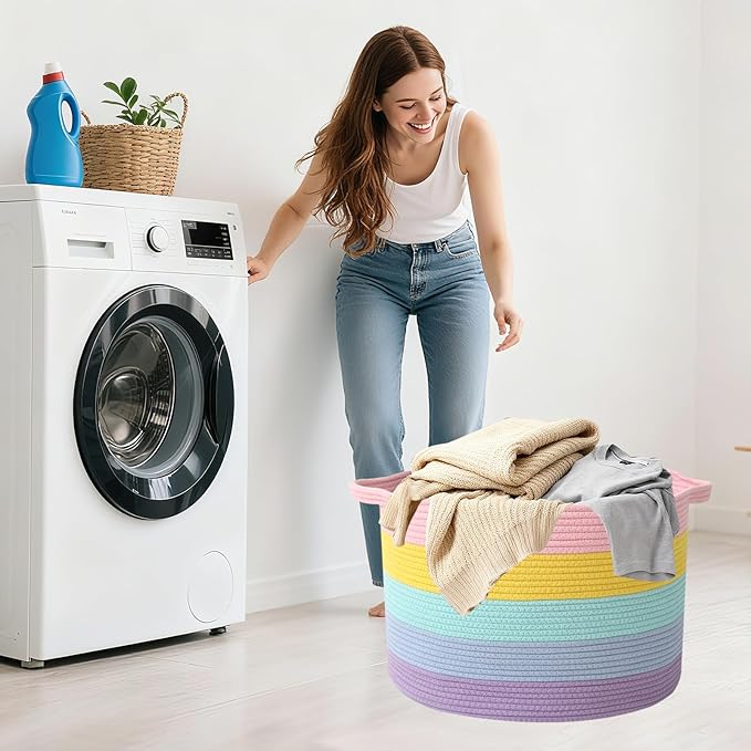 65L Large Blanket Basket,Woven Rope Laundry Basket Hamper with Handles,Decorative Nursery Basket Storage Bin for Toys, Pillows , Clothes Organizer, Living Room, Bedroom, Bathroom, Colorful