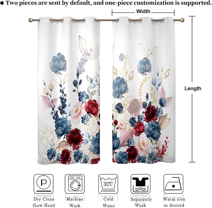 Renaiss Floral Blackout Curtains Watercolor Gray Blue and Red Peony Flower Bloossom Thermal Insulated Window Drapes for Bedroom 29W x 45L inches 2 Panel Set Window Curtains for Kitchen
