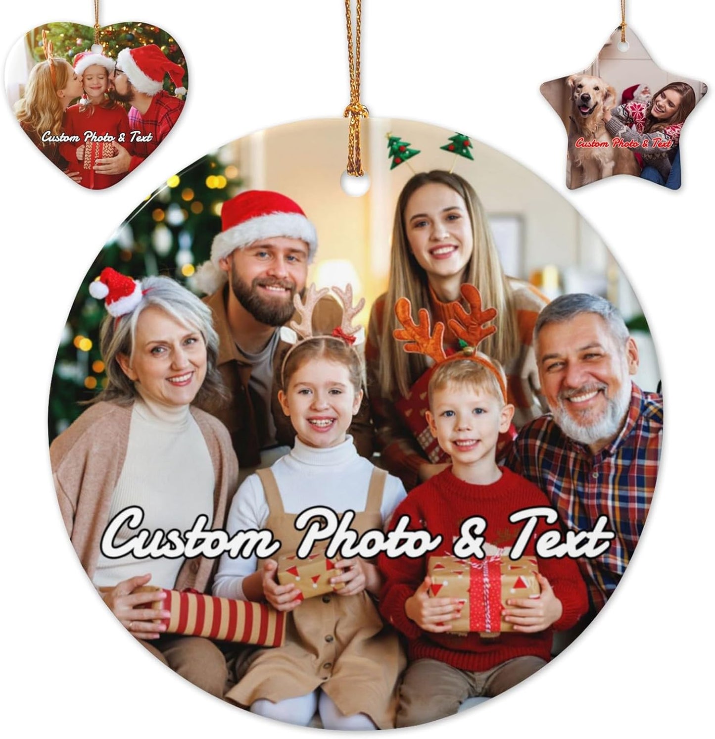 Personalized Christmas Ornaments with Photo 2025 Custom Picture Text Ornaments for Christmas,Double-Sided Ceramic Customized Xmas Tree Decor for Family Couples Dogs,Round