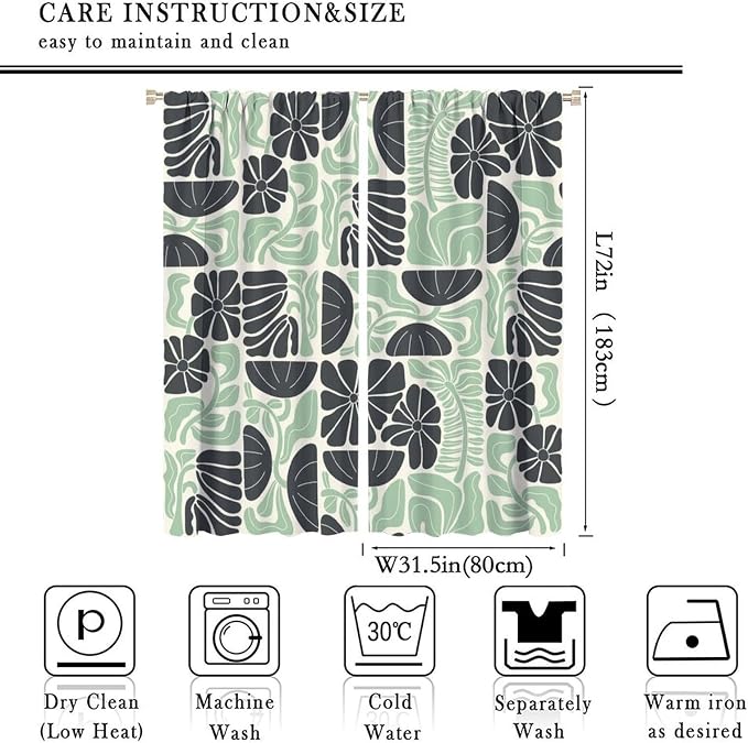 JESTRONRY Mid Century Boho Curtains, Modern Abstract Abstract Geometric Green Floral Pattern Print Blackout Window Door Curtains for Bedroom Living Room Home Decor 63x72in