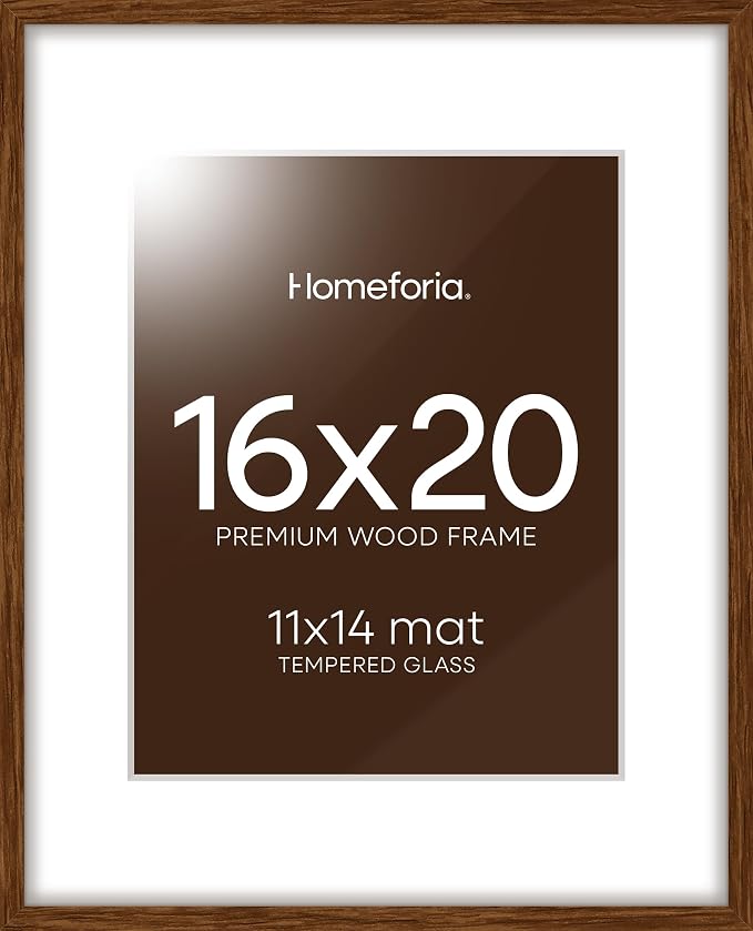 Homeforia 16x20 Picture Walnut Frame, High End Dark Oak 16x20 Wooden Brown Frames with Mat 11x14, 16 x 20 Wood Poster Frame Matted to 11 by 14, 20x16 Hanging Frames, Tempered Glass, Wall Kit, Set of 3