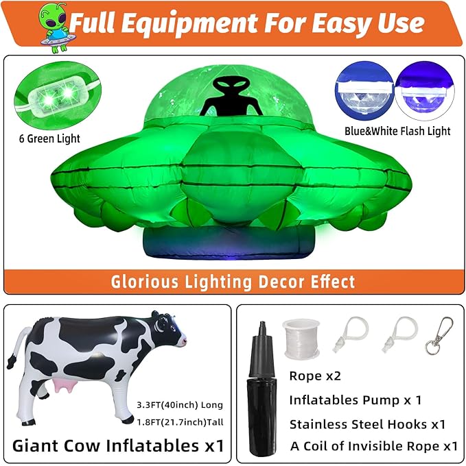 Alien Party Decorations 4.2FT Hanging UFO Cow Abduction Inflatable Alien Inflatable UFO Halloween Blow Up Built-in Green LED Blue&White Flashing Light with Cow Outdoor Indoor Home Garden Lawn Decor