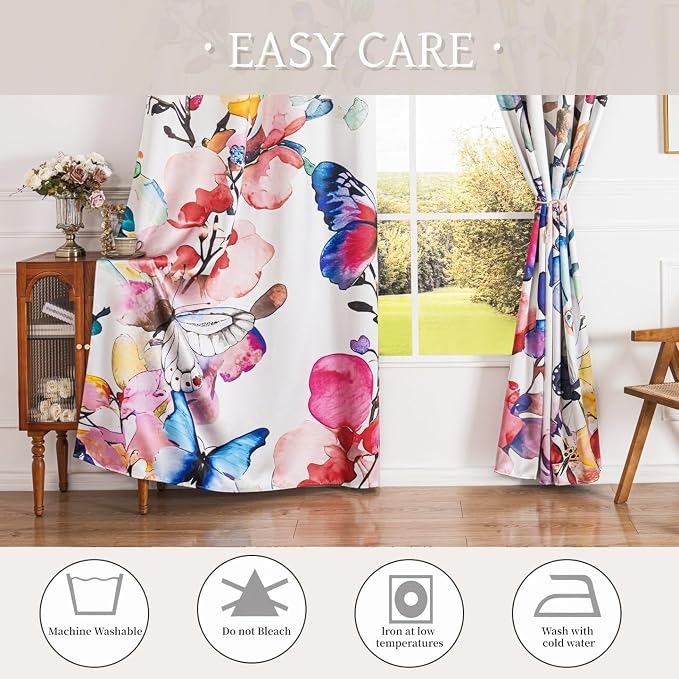 Pink Floral 100% Blackout Curtains 63 inch Length 2 Panels Black Out Drapes Colorful Butterfly Vintage Flower Pattern Thermal Insulated Window Treatment Curtain for Bedroom Living Room 52 x 63 Inch