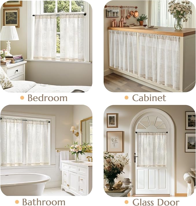jinchan Tier Curtains 24 Inch for Small Window Linen Blend Cafe Curtains Farmhouse Rustic Half Window Drapes for Kitchen Living Room Bedroom Light Filtering Rod Pocket 2 Panels Neutral Crude