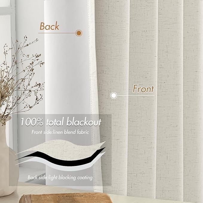 EMEMA Natural Linen Blackout Curtains 120 inch Long 2 Panels Set for Bedroom Back Tab Thermal Insulated 100% Black Out Drapes Pinch Pleated Hooks Room Darkening Window Curtain for Living Room