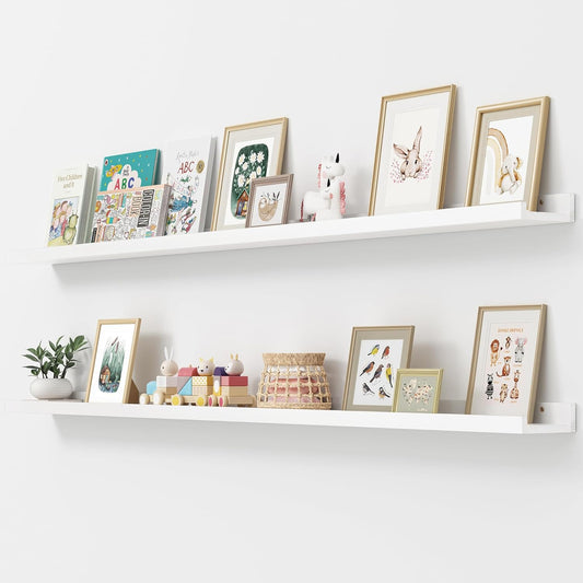 Picture Ledge Shelf, Floating Shelves Set of 2, Solid Pine Wood 72'' Long Large Nursery Book Shelves for Toys Storage, Kids Bookshelf for Living Room Bedroom Decor Books Photo Frames, White
