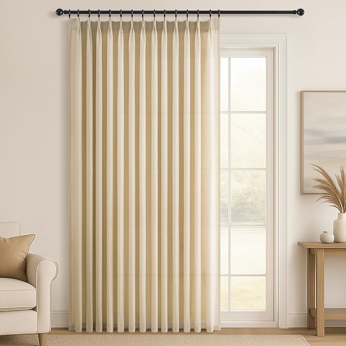 Topfinel 96 Inches Long Pinch Pleated Semi Sheer Curtains,Natural Linen Blended Light Filtering Window Curtains 96 Length for Living Room Bedroom Pinch Pleat Drapes with Hooks 1 Panels 72" Wx96 L