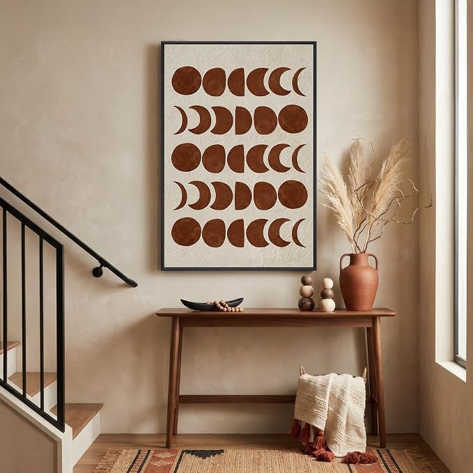 Framed Mid Century Modern Moon Phase Wall Art for Living Room, Neutral Brown Beige Boho Geometric Print Canvas Artwork for Walls, Vertical Pictures Wall Decor for Bedroom Home Office Hallway, 24x36 In