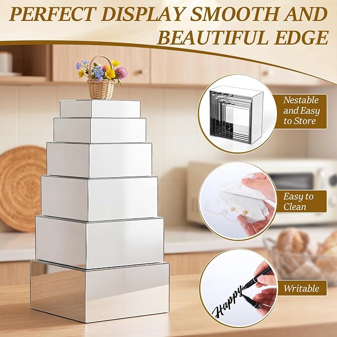 Geelin 6 Pack Acrylic Risers for Display Acrylic Cube Boxes Risers Display Stands with Hollow Bottoms Decorative Stand for Jewelry Candy Table Decor 6 Sizes(Sliver,7 to 12 Inch,Square)