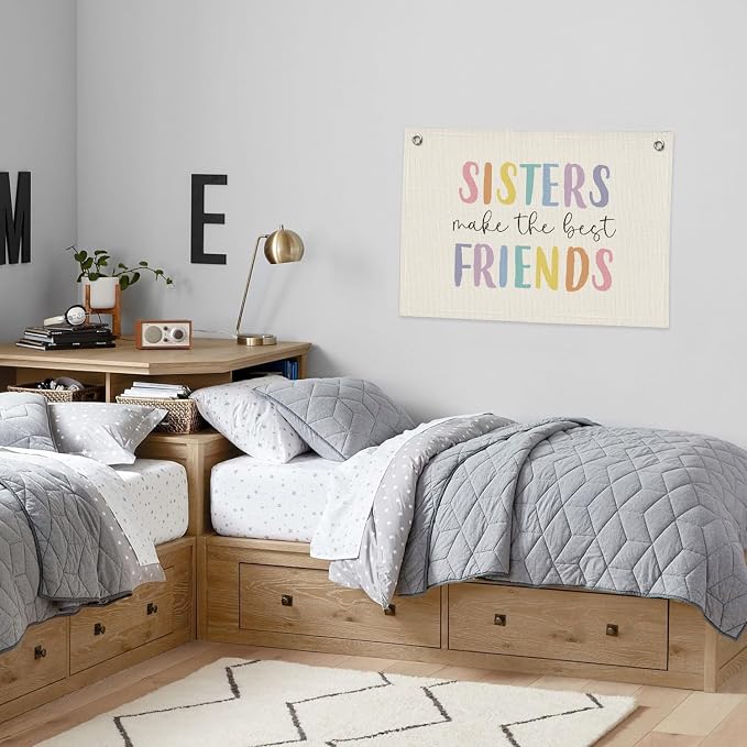 Girls Room Decor, Sisters Make The Best Friends, Canvas Banner Wall Hanging Banner Flag Decor for Nursery Classroom Playroom Kids Room