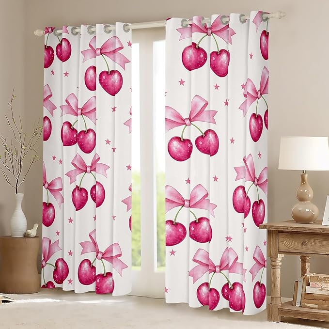 Feelyou Pink Girls Bow Room Darkening Blackout Curtain (2 Panels, 52 x 96 Inch) Bow Curtains for Bedroom Living Room Kawaii Cherry Prints Blackout Curtains Cute Bowknot Window Treatments