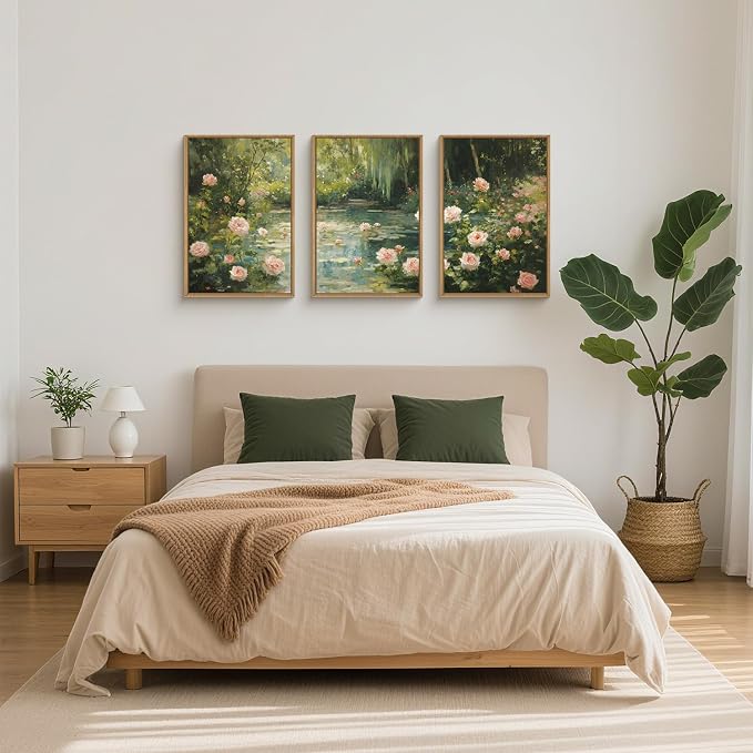 Water Lilies Monet Framed Canvas Wall Art Set,Garden Pond Impressionist Floral Wall Decor,Vintage Oil Green Vibrant Flower Botanical Artwork for Living Room, Bedroom,Farmhouse- 24"x36"x3