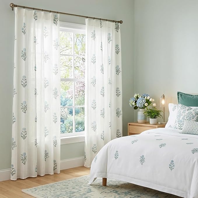 Custom 102 Inch Long Floral Pinch Pleated Curtains, High End Luxury Floor Length Pleat Drapes for 9FT Ceiling, Blue and Green Pattern Linen Semi Sheer Drapery Panels for Living Room Bedroom