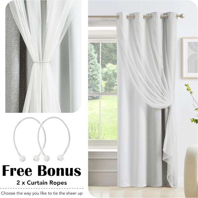 Ombre 100% Blackout Curtains 84 Inches Long 2 Panels for Bedroom Living Room Grey and White Double Layer Sheer Overlay Mix & Match Grommet Thermal Soundproof Drapes with Tiebacks, 52x84