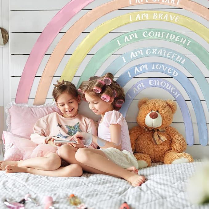 Tinideya 77" x 47'' Large Watercolor Rainbow Wall Decal with Inspirational Quote, Peel and Stick Rainbow Stickers Watercolor Vinyl Wall Mural Art for Girls Toddlers Playroom Bedroom Classroom(Pastel)