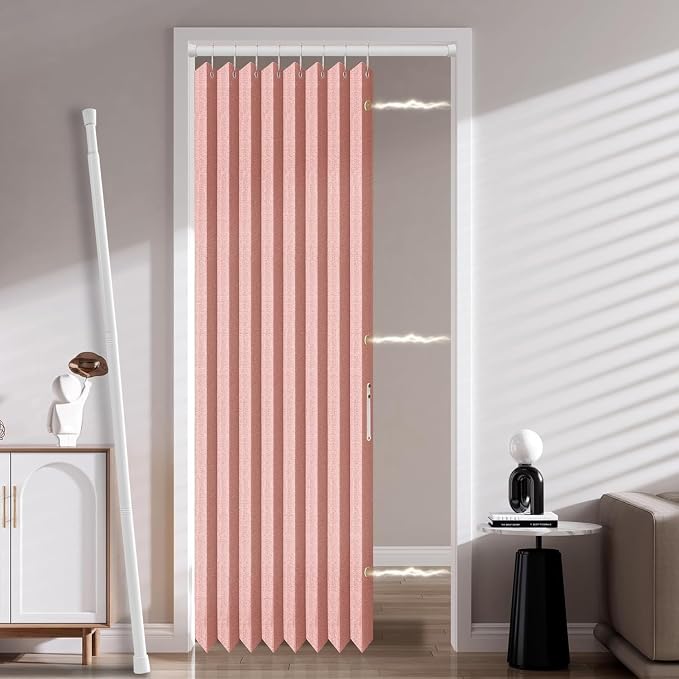 AJAZZ Accordion Interior Door Curtain 42"×78" Pink w/Free Rod, No-Drill Bedroom/Living Room Doorway