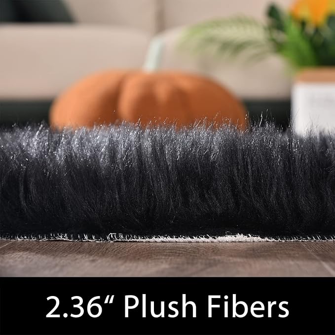Latepis Black Fur Rug for Bedroom Throw Rugs 2x3 Faux Sheepskin Rug Washable Fluffy Shag Rugs Carpet for Cushion Pet Mat Room Décor Rectangle